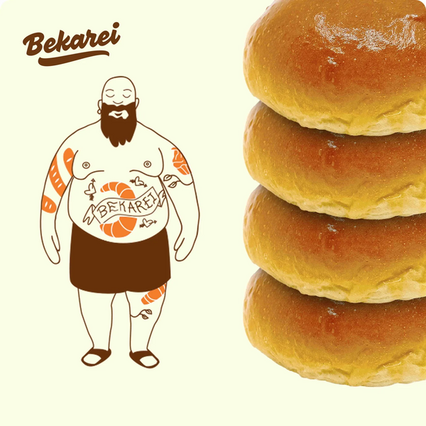 An illustration of a tatooed man next to 4 Brioche Buns